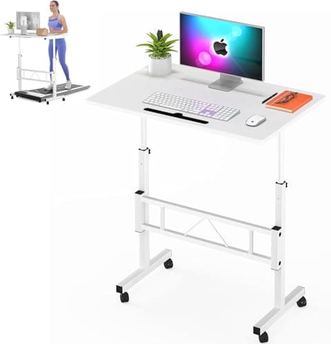 Klvied Small Standing Desk Adjustable Height, Mobile Table with Wheels, Portable Laptop Table, Standing Computer Desk for Walking Pad (White)