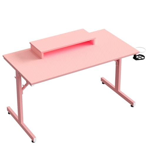 Bestier 42 inch Pink Gaming Desk with Monitor Stand, LED Computer Desk, Gamer Workstation with Cup Holder & Headset Hooks, Modern Simple Style Desk for Girls Kids 9