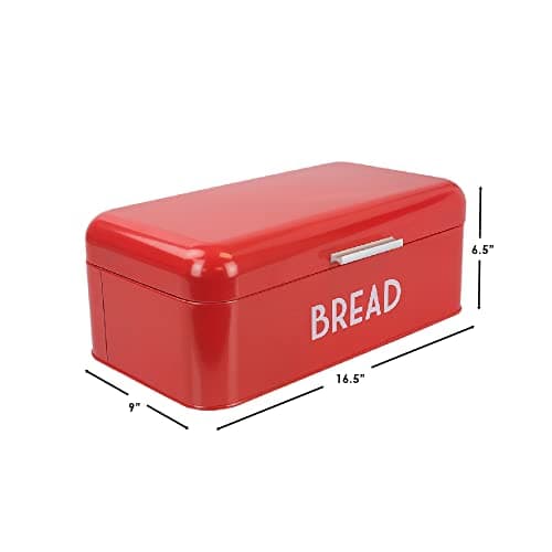 Home Basics Grove Bread Box For Kitchen Counter Dry Food Storage Container, Bread Bin, Store Bread Loaf, Dinner Rolls, Pastries, Baked Goods & More, Retro Vintage Design, Red 7