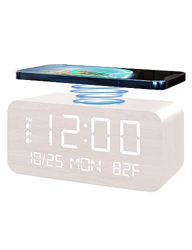JALL Digital Alarm Clock, with Wooden Electronic LED Time Display, 3 Alarm Settings, Humidity & Temperature Detect, Wood Made Electric Clocks for Bedroom, Bedside, Desk (White-Wireless)