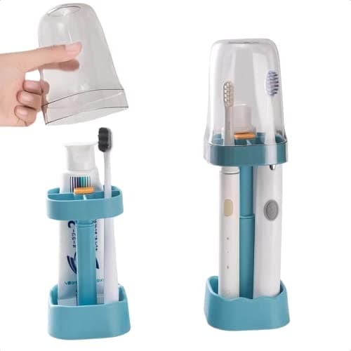 Toothbrush Holder with Cup Cover Contains 3 Slots, Compatible with Electric Toothbrushes and Conventional Toothbrushes, Can Store Toothpaste (Blue)