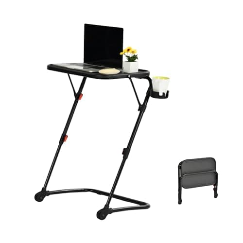 Homy Casa Adjustable Z Shaped Study Desk with Cup Holder, No Assembly Required,Space Saving Portable Laptop Foldable Table for Home Office Living Room & Bedroom, Sturdy Metal Frame with PP Top, Black