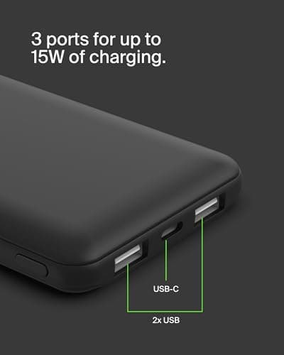 Belkin Portable Charger - 15W 3 Port Power Bank Battery Pack with 10000mAh Battery - Fast Charging for iPhone, Samsung Phone, More - USB C to A Cable Included 9