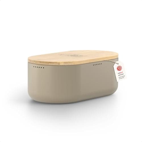 LARS NYSØM Bread Box I Metal Box for long lasting freshness I Bread Bin with bamboo lid usable as cutting board I 13.8x7.7x5.3 In (Taupe Brown)