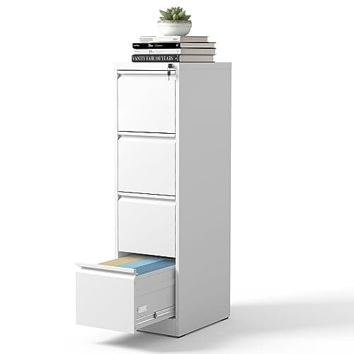 BIZOEIRON 4 Drawer File Cabinet, Metal Vertical Filing Cabinets for Home Office, Steel Storage Cabinet for Hanging Legal/Letter Size Files, Assembly Required (White)