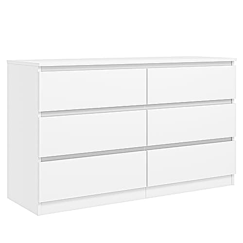 Vibe & Dine White Dresser 6 Drawer, Modern Double Dresser for Bedroom, Wood Chest of Drawers with Wide Storage for Living Room
