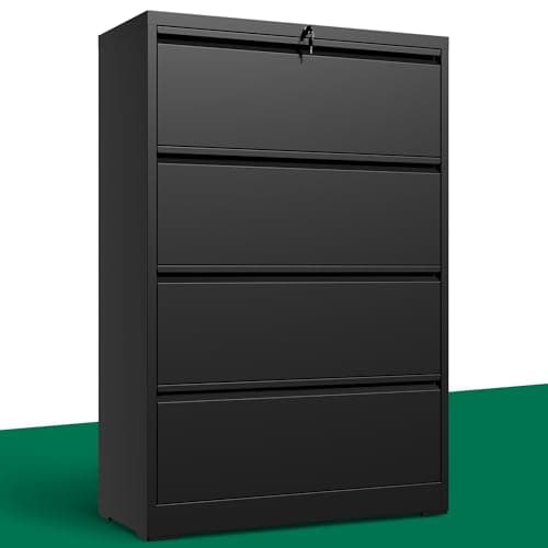 Yukimo 4 Drawer Lateral File Cabinet, Metal File Cabinets for Home Office with Lock, Large Filing Storage Cabinet Printer Stand, Steel Wide File Cabinet for Legal/A4/F4/Letter,Require Assembly, Black