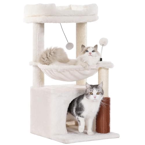 Pawfessor Cat Tree 32 Inches Small Cat Tree for Large Cats Adult Cat Tower with Scratching Post,15.7”Large Hammock and Self Groomer, and Removable Top Perch and Wide Condo for Indoor Cats-Beige