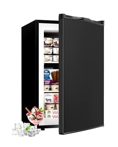 Feelfunn 3.0 Cu.ft Upright Freezer - Compact Mini Freezer with 7 Adjustable Thermostat, Removable Shelves, Reversible Single Door, 360°Uniform Cooling Small freezer for Home Office Kitchen Dorm, Black