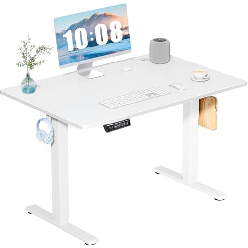 Smug Adjustable Height Electric Standing Desk Sit Stand Up Computer Table Ergonomic Rising Modern Lift Motorized Gaming Desktop Workstation for Work Home Office, 39.4x23.6 Inches, Modern White
