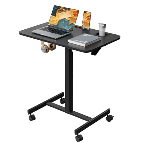 Liftsync Mobile Standing Desk, Rolling Laptop Cart Adjustable Height with Cup Holder, 28 inch Portable Table with 4 Lockable Wheels, Black Computer Workstation with Hook and Slots for Home Office