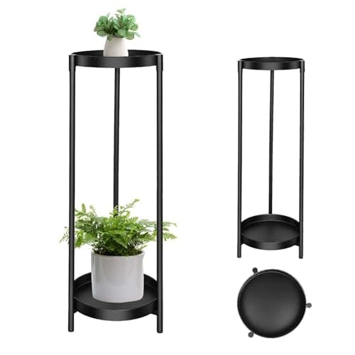 Plant Stand Indoor Outdoor, 2 Tier 24" Tall Black Flower Pot Plant Stands, Heavy Duty Metal Plants Shelf, Rustproof Iron Multiple Plant Round Supports Rack for Planter Corners Garden Balcony Patios