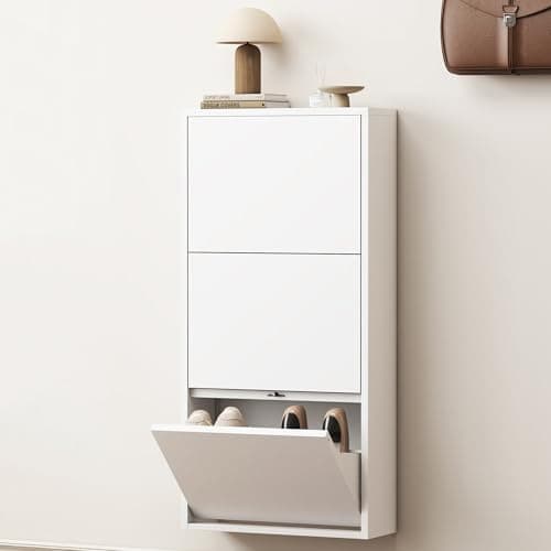 OPTYMIRA Metal Shoe Storage Cabinet with 3 Flip Drawers,White Wall Mount Slim Shoe Organizer for Entryway, Narrow Hidden Shoe Storage Rack for Hallway,Living Room, 40.98”*20”*6.69”