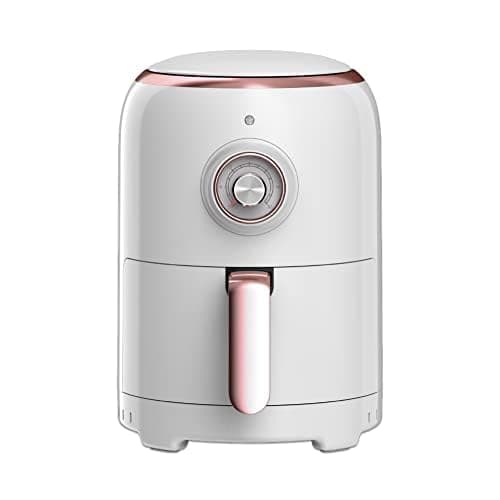 Aria Air Fryers 2Qt Retro Style Ceramic Build, Compact Size Airfryer, Easy Clean & Dishwasher Safe, Ceramic Nonstick Teflon Free Small Convection, White/Rose Gold Trim & Basket Handle