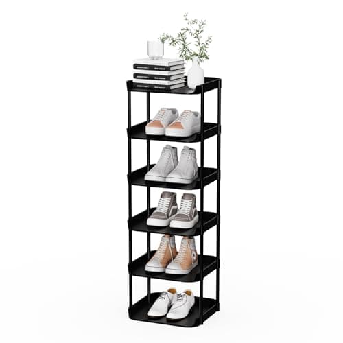 Altdnmaf 6 Tier Vertical Narrow Shoe Rack, Stackable Tall Skinny Shoerack, Compact Single Shoes Storage Tower for Slim Space, Corner Plastic Shelves, for Hallways, Entryway, Bedrooms Organizer, Black