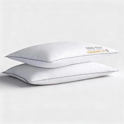 iFaon Ultra Thin Flat Soft Bed Pillows Standard Size Set of 2 Pack for Sleeping, Hypoallergenic Squishy Pillow for Stomach Back Sleeper, Machine Washable White Striped 20x26 inches