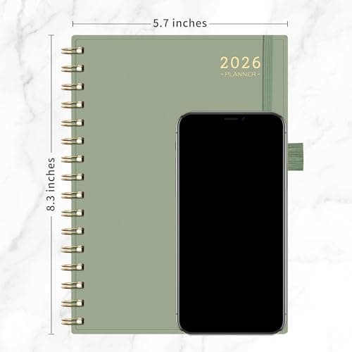 RETTACY 2026 Planner, Weekly and Monthly, Medium Size (5.7" x 8.3"), Jan - Dec 2026, Agenda, Calendar, 12 Month Tabs, Flexible Plastic Cover, 100 GSM Thick Paper, Spiral-bound (Light Green) 8