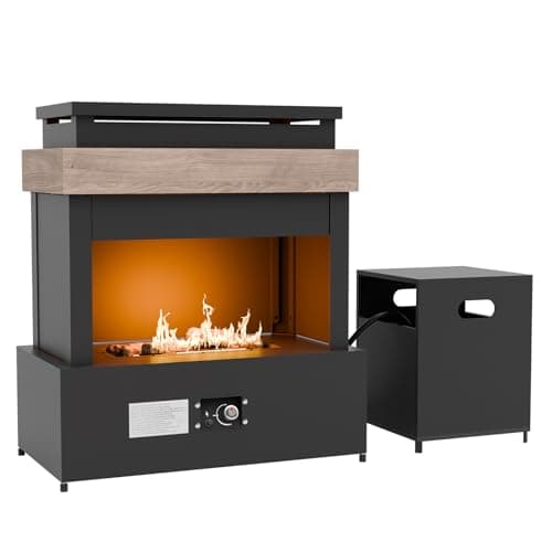 COOS BAY Outdoor Propane Fireplace, 50,000 BTU Adjustable Gas Fire Pit with Tank Storage, Smokeless Ceramic Log Chiminea Patio Heater, 35.4"x22"x40.6", Gray/Tan 9