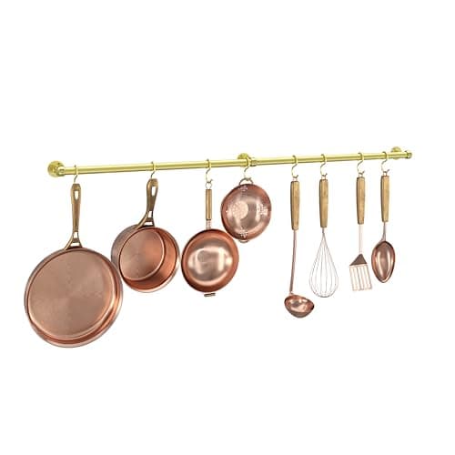 ROTHLEY Stainless Steel Pot and Pan Hanger - 39.4 Inch Wall Mounted Hanging Pots and Pans Rack for Kitchen Wall Rail with Hooks (Brass)