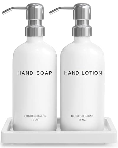 White Glass Soap and Lotion Dispenser Set by Brighter Barns - Bathroom Soap Dispenser Set Tray - Liquid Hand Soap Dispenser Pump - Modern Bathroom Accessories for Guest, Hotel, Spa, Restaurant (White)