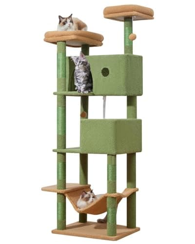 Taoqimiao 70.4-Inch Cat Tree for Large Cats, Plush Multi-Level Cat Condo with 7 Scratching Posts, 2 Luxury Perches, 2 Caves, Hammock, 2 Pompoms, Scratch Board for Indoor Cats MS030LT Cactus