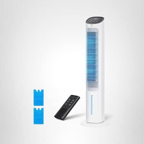 DREO Portable Air Conditioners Fan, 40” Standing Fans that Blow Cold Air, Portable AC，80° Oscillating Evaporative Air Cooler，Removable Water Tank, Ice Packs, Remote Control, 4 Speeds, 7H Timer, White 9