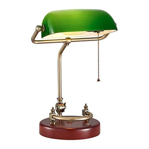 Bankers Lamp, Traditional Green Desk Lamp with Solid Birch Wood Base, Green Glass Antique Library Lamp with Pull Chain Switch, Plug in Vintage Bankers Desk Lamp for Office, Study Room 【E26 Socket】