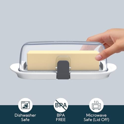 KITCHENDAO One-handed Airtight Butter Dish with Lid for Countertop and Refrigerator Door Shelf, Butter Holder with One Press to Open/Close Secure Latching Buckle for West/East Coast Butter (White) 7