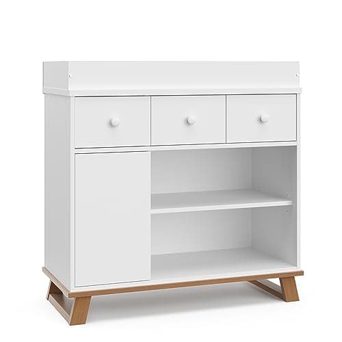 Storkcraft Modern Nursery Changing Table Dresser Combo (White & Vintage Driftwood) – GREENGUARD Gold Certified, Dresser for Nursery, Changing Table with Drawers, Removable Changing Table Topper