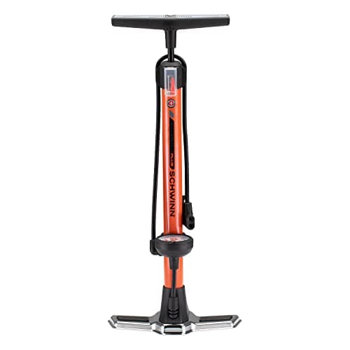 Schwinn Air Center Plus Floor Pump, For Mountain, Cruiser and Electric Bikes, 120 PSI, Soft Grip Handle, with Sports Ball Needle and Dual Head for Schrader and Presta Valves, Manual Air Pump