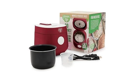 GreenLife Digital Rice Cooker, 2-Cups Uncooked/4-Cups Cooked, Removable Nonstick Ceramic PFAS-Free Pot, One-Touch Presets, Oats, Quinoa, Brown Rice, Auto Keep Warm, Fuzzy Logic Tech, 1.5QT, Red