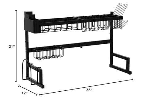 ADBIU Fit Sink 24.5"- 35.5" L Over Sink Dish Drying Rack (Expandable Dimension) Snap-On Design 2 Tier Large Kitchen Dish Rack Stainless Steel Counter Organization and Storage 7