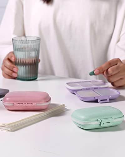 MEACOLIA 3 Pack 8 Compartments Travel Pill Organizer, Daily Pill Case Small Pill Box for Pocket Purse, Portable Pill Container Medicine Vitamin Organizer (Purple, Green, Pink) 6