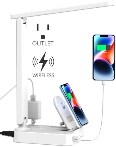 Drevet LED Desk Lamp with Wireless Charger, Desk Table Light with USB Charging Port and 2 Outlets, 3 Lighting Modes, 3 Level Brightness, 1H Timer, Touch Control, Eye-Caring Home Office Lamp, White