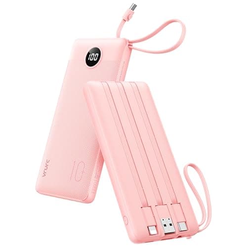VRURC Portable Charger Power Bank, 10000mAh Travel Essentials Battery Pack, Compact Charging Bank Built-in Cables Cords Compatible with iPhone 17 Pro 17 16 15 14 13, Samsung Phones-Pink(1 Pack)