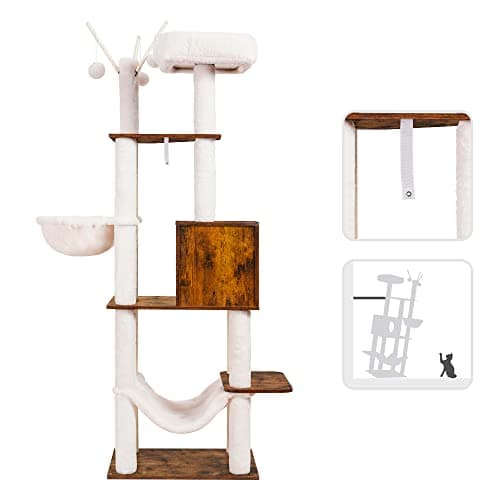 Hey-brother Wooden Cat Tree, 66.1“ Cat Furniture with Scratching Posts, Modern Cat Tower with hammocks, Toys, cat condo, Rustic Brown MPJ120SR 9