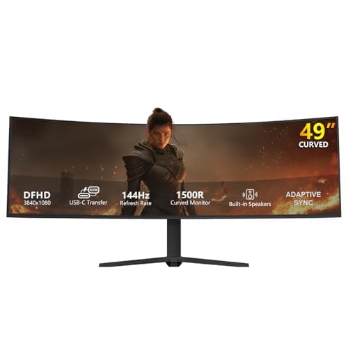 Vandossy 49” Curved Gaming Monitor, USB-C 65W, 144Hz Ultrawide, Built-in Speakers, DP, HDMI, PIP/PBP, 32:9 Dual FHD 3840x 1080P, Tilt/Swivel/Height Stand, R1500 Curve PC Monitor