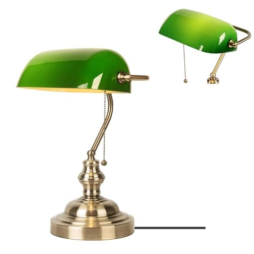 JCPYIUL Green Glass Bankers Desk Lamp,Antique Desk Lamps with Brass Base, Traditional Library Lamp with Pull Chain, E26 Base, Vintage Desk Lamp for Office, Study Room
