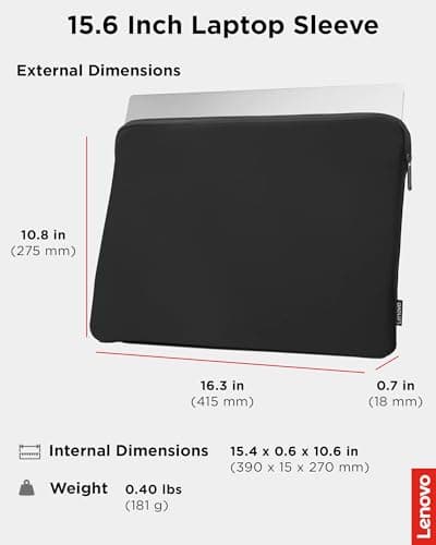 Lenovo Basic Laptop Sleeve 15.6 Inch Notebook/Tablet Compatible with MacBook Air/Pro Neoprene Material - Soft Fleece Lining - Zippered Top Opening - Black 6