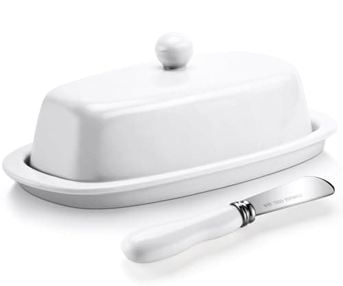Yedio Ceramic Butter Dish with Lid and Knife for Countertop Refrigerator, 8 Inch White Butter Holder with Porcelain Cover Knob Handle for East West Coast Butter Stick
