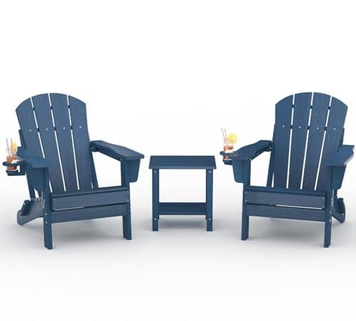 Folding Adirondack Chair Set of 2 with Side Table, All-Weather HDPE Outdoor Chair, Wooden Textured with Cup Holder for patios, Decks, Gardens, fire pits, Navy Blue