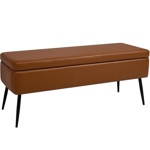 kinmars Leather Storage Ottoman Bench,End of Bed Bench for Living Room Bedroom Dinning Room Entryway,Mid-Century Modern, with Steel Legs,Safety Hinges, Loads 660 lb (Without Button, Brown) 6