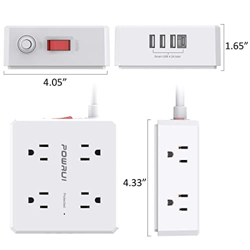 Surge Protector Power Strip - 6 Ft Flat Plug Extension Cord with 8 Widely Outlets and 4 USB Ports(1 USB C), 3 Side Outlet Extender for Home Office, White, ETL Listed 7