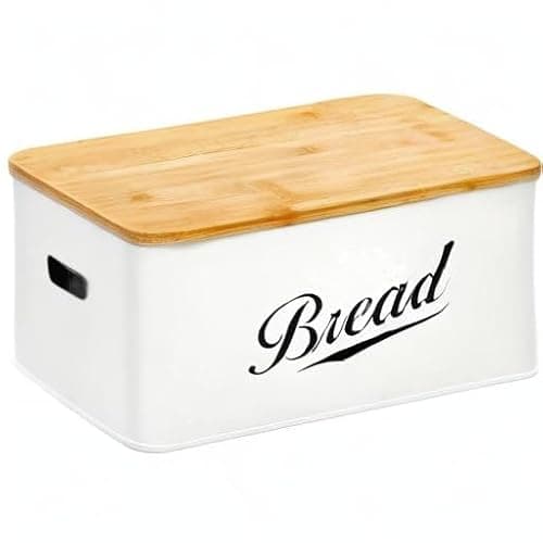 RoyalHouse Modern Metal Bread Box with Bamboo Cutting Board Lid, Bread Storage Container for Kitchen Counter, Vintage Kitchen Decor Organizer 10