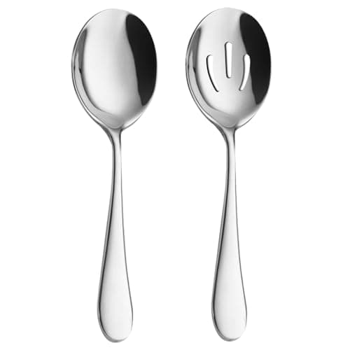 AOOSY 2 Pieces Stainless Steel Flatware Serving Sets, 8.7-Inch Long Handle Slotted Spoons and Serving Spoons for Buffet, Banquet, Cooking, and Kitchen