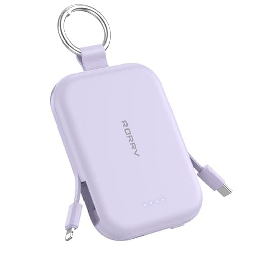 RORRY Portable Charger, 5000mAh Portable Charger Power Bank with Built-in Cables, Travel Keychain Charger Battery Pack for iPhone 17/16/15/14/13/12, for AirPods 2/3/4/Pro, Purple