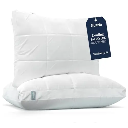 Nuzzle Cooling Adjustable Pillow for Side Sleepers, Luxury Standard Size Set of 2 Bed Pillow Hotel Collection - Best Adjust Height Soft Firm Pillow for Back, Stomach or Side Sleepers - Home Gifts