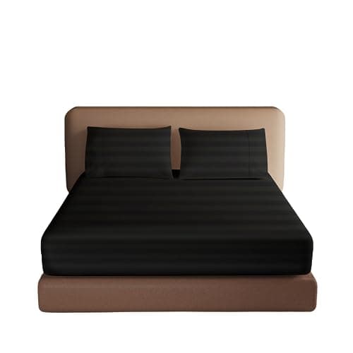 100% Egyptian Cotton Fitted Sheet Twin Size, 600 Thread Count, Single Fitted Sheet Only,16" Deep Pocket Sheet, Soft & Elastic Sateen Weave Bottom Sheet for Hotel & Home (Black-Stripe, Twin)