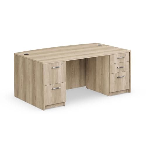 NBF Bowfront Executive Office Desk for Home - Wooden Pedestal Table with Locking Drawers on Both Sides - At Work Ideal Metal Drawer Desk for Business Use - 71" W, Warm Ash Laminate