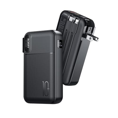 RORRY Portable Charger Built in Cables, AC Wall Plug In Portable Charger Power Bank 10000mAh Travel Battery Pack 22.5W Fast Charging for iPhone 17/16/15 Samsung Galaxy S24/S23/S22 Pixel LG iPad, Black
